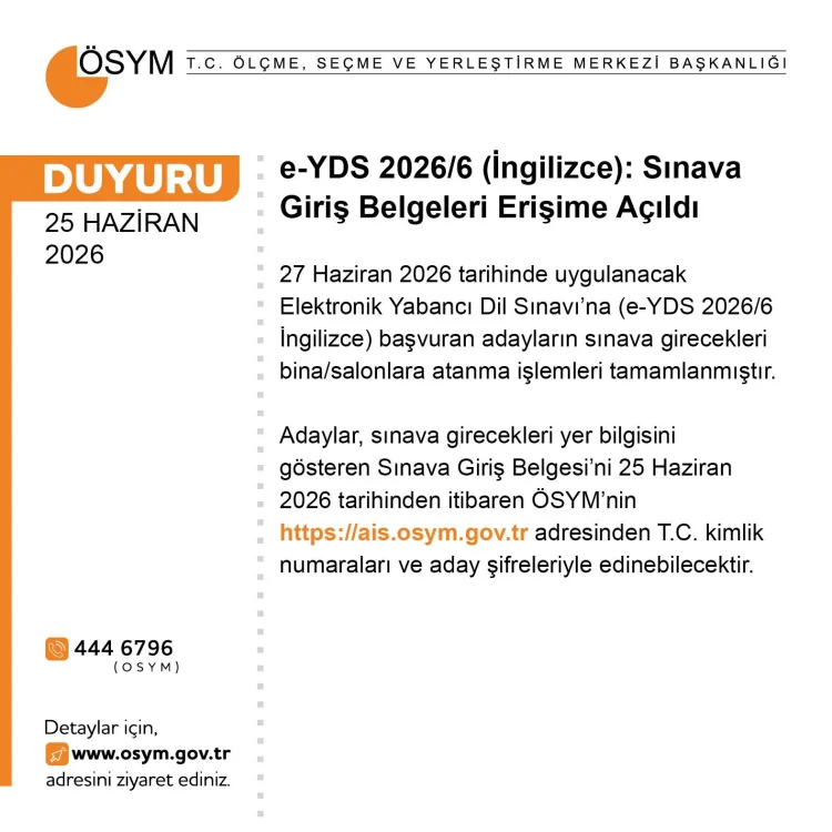 e-YDS 2026/6 İngilizce Sınavı Giriş Belgeleri Erişime Açıldı