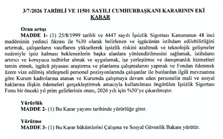 İşsizlik Sigortası Fonu'nun Kullanım Oranı Yüzde 50'ye Yükseltildi