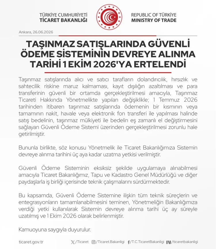 Taşınmaz Satışlarında Güvenli Ödeme Sistemi Uygulaması 1 Ekim'e Ertelendi