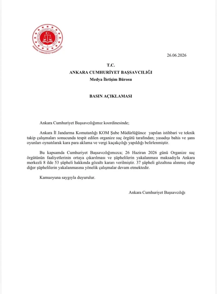 Ankara Merkezli 8 İlde Yasa Dışı Bahis Operasyonu: 53 Gözaltı Kararı