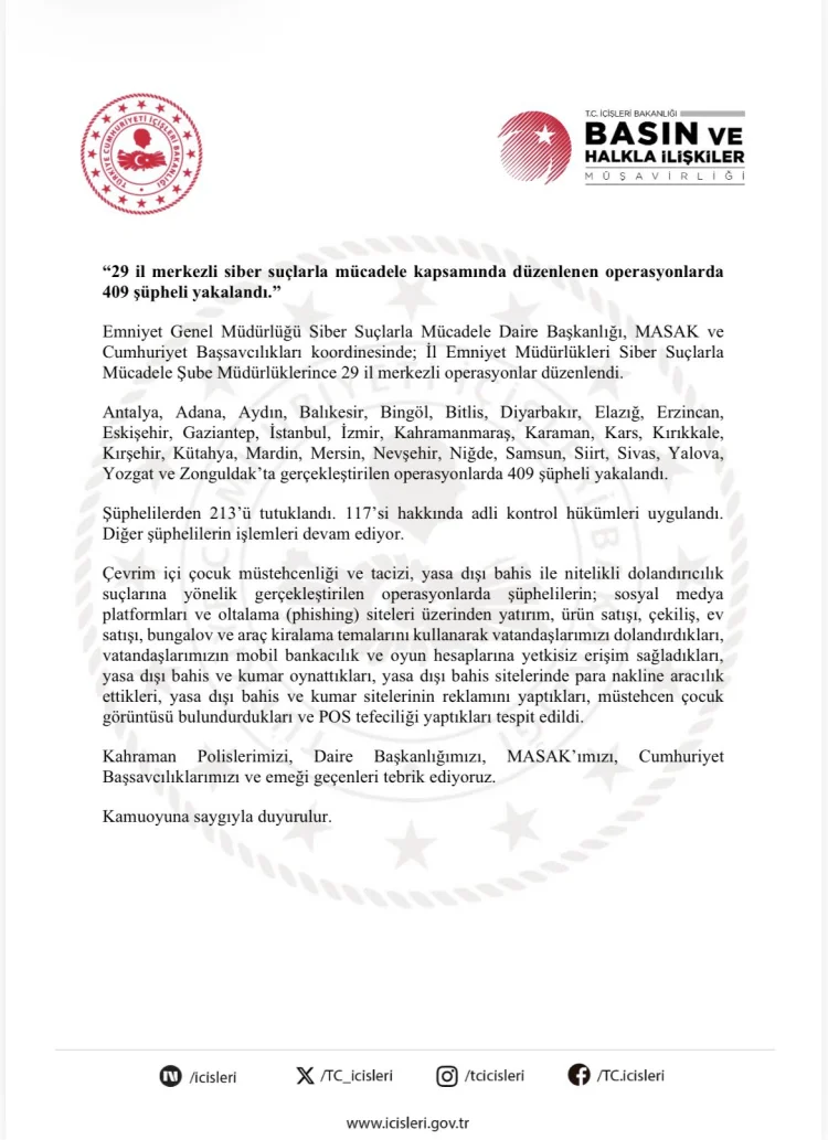 Siber Suç Ağlarına Darbe: Bir Haftada 29 İlde 409 Kişi Yakalandı