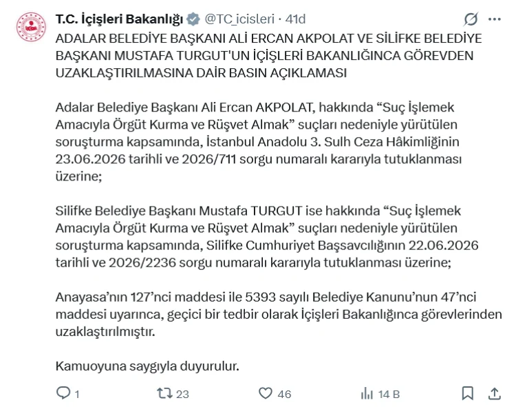 Adalar ve Silifke Belediye Başkanları Görevden Uzaklaştırıldı