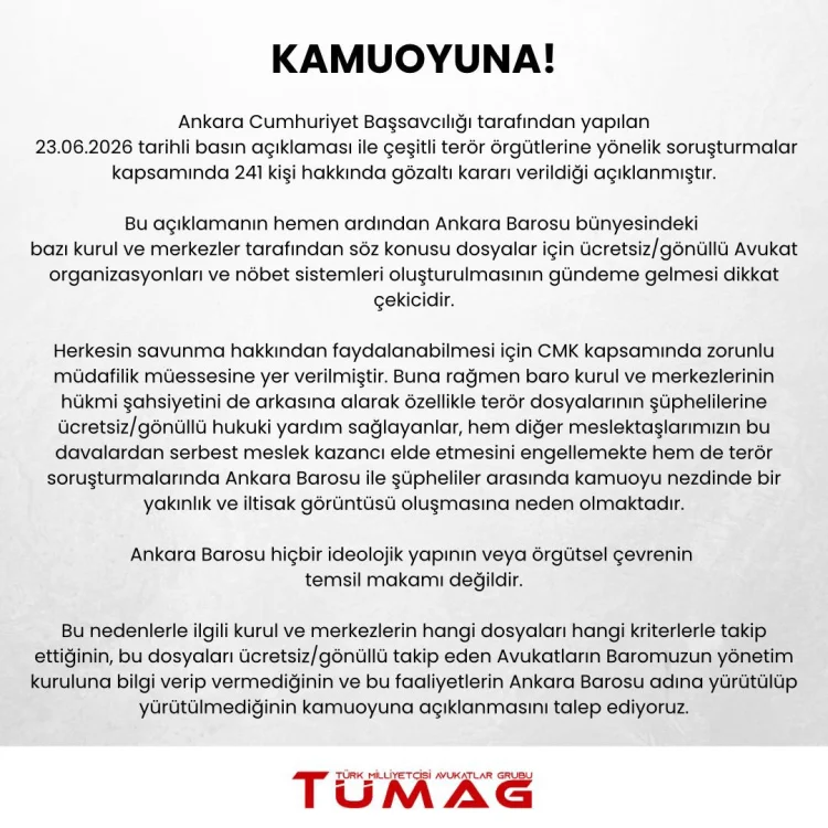 Türk Milliyetçisi Avukatlar Grubu'ndan Ankara Barosu'na Terör Dosyaları Hakkında Çağrı