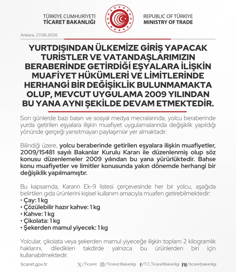 Ticaret Bakanlığı'ndan Gümrük Muafiyeti Açıklaması: Limitler 15 Yıl Önceki Gibi