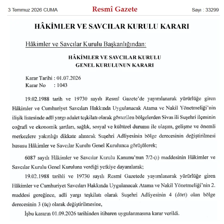 Suşehri Adliyesi'nin Bölge Derecesi Yükseltildi