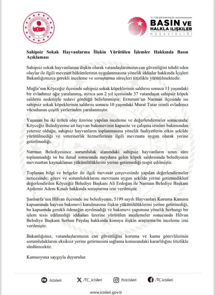 Sokak Hayvanı Saldırıları Sonrası Belediyelere Yönelik Adımlar: 3 Başkan Hakkında İşlem