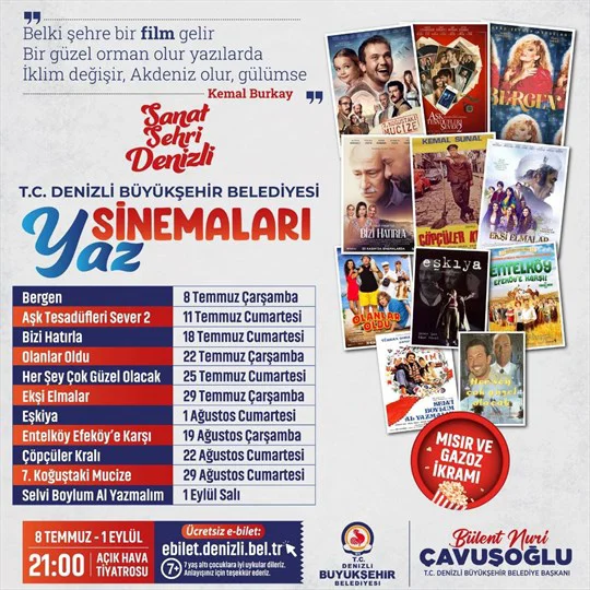 Denizli'de Açık Hava Sineması Coşkusu Başlıyor: Ücretsiz Gösterimler Gazoz ve Mısır Eşliğinde