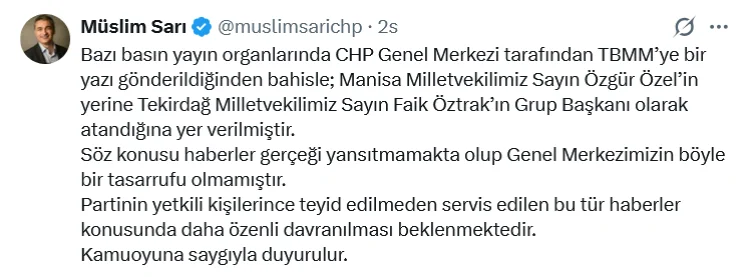 CHP'den 'Grup Başkanı Değişikliği' İddialarına Yalanlama